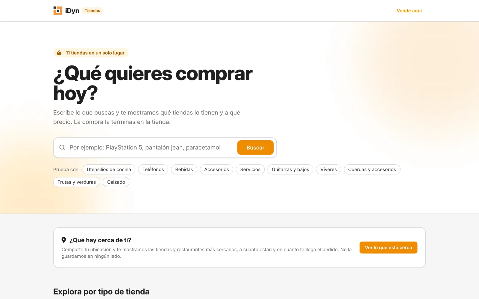 Buscador público de tiendas de iDyn con la pregunta qué quieres comprar hoy y sugerencias por tipo de producto