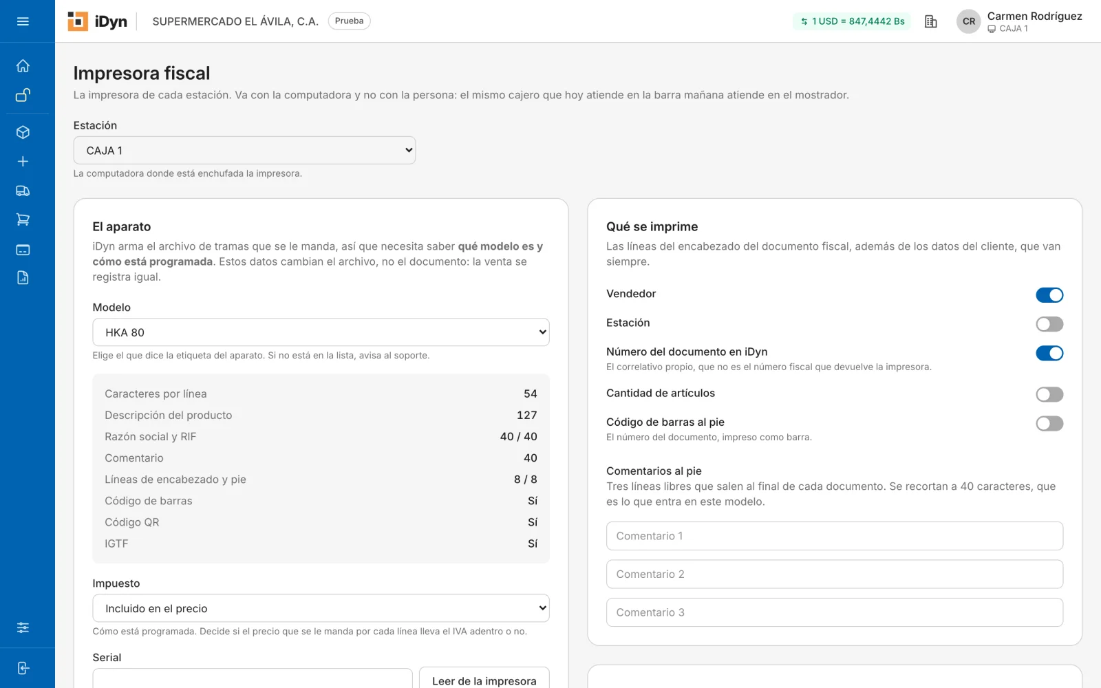 Configuración de la impresora fiscal en iDyn: modelo HKA 80, caracteres por línea, IGTF y qué se imprime