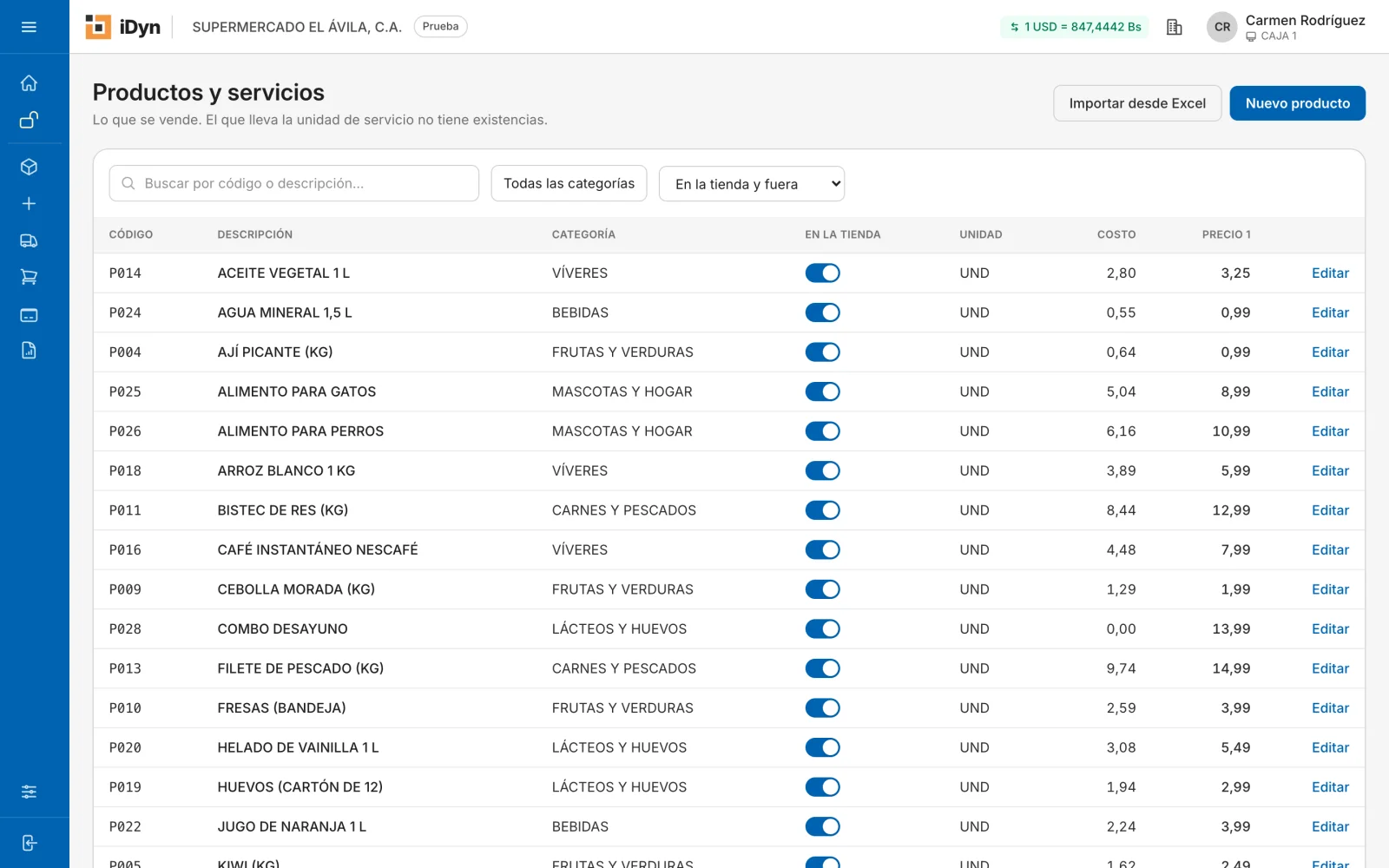 Listado de productos y servicios de iDyn con categoría, costo y precio
